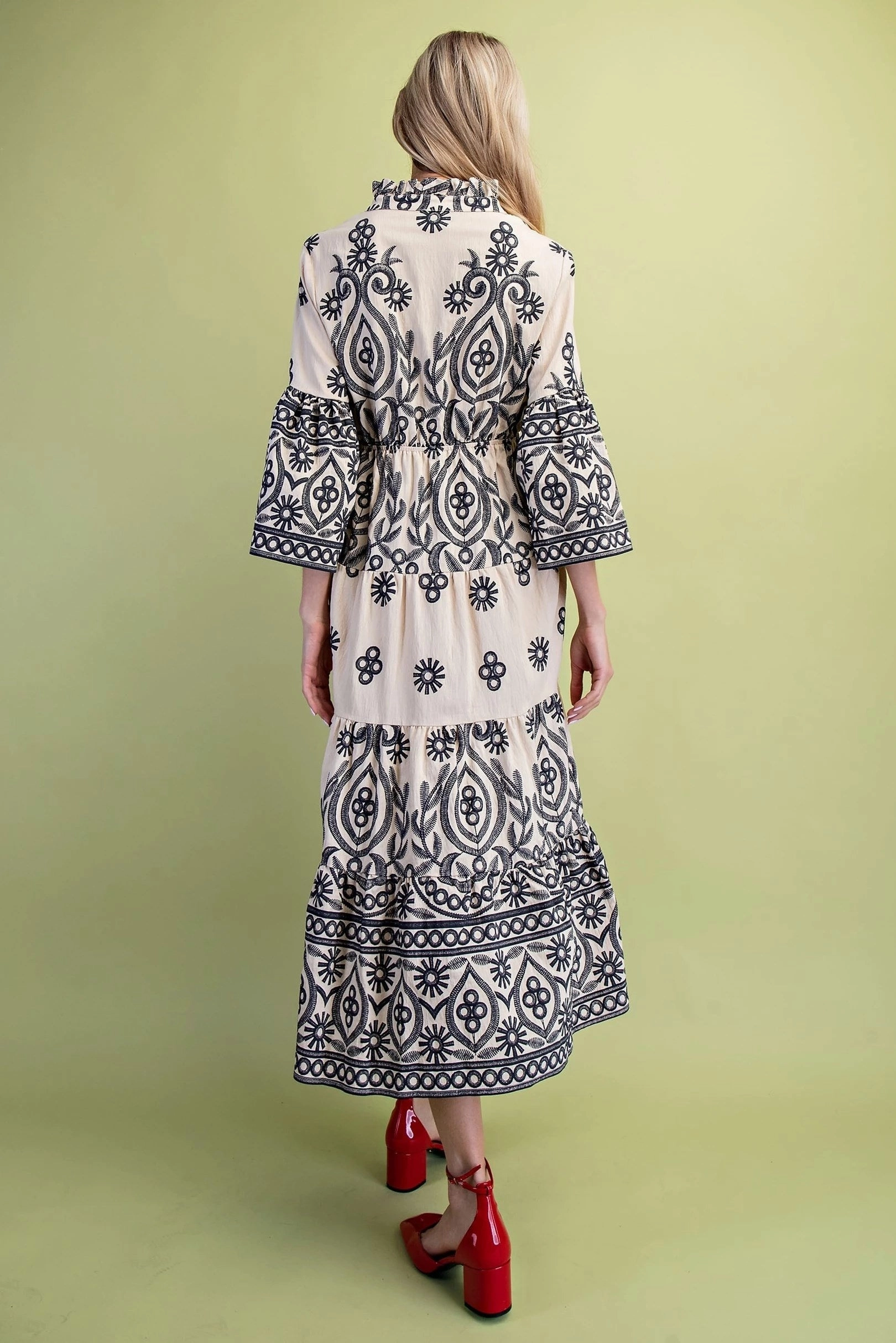 Cream w/ Black Textured Print Tiered Maxi Dress Calm Tone Timeless Waist Fit