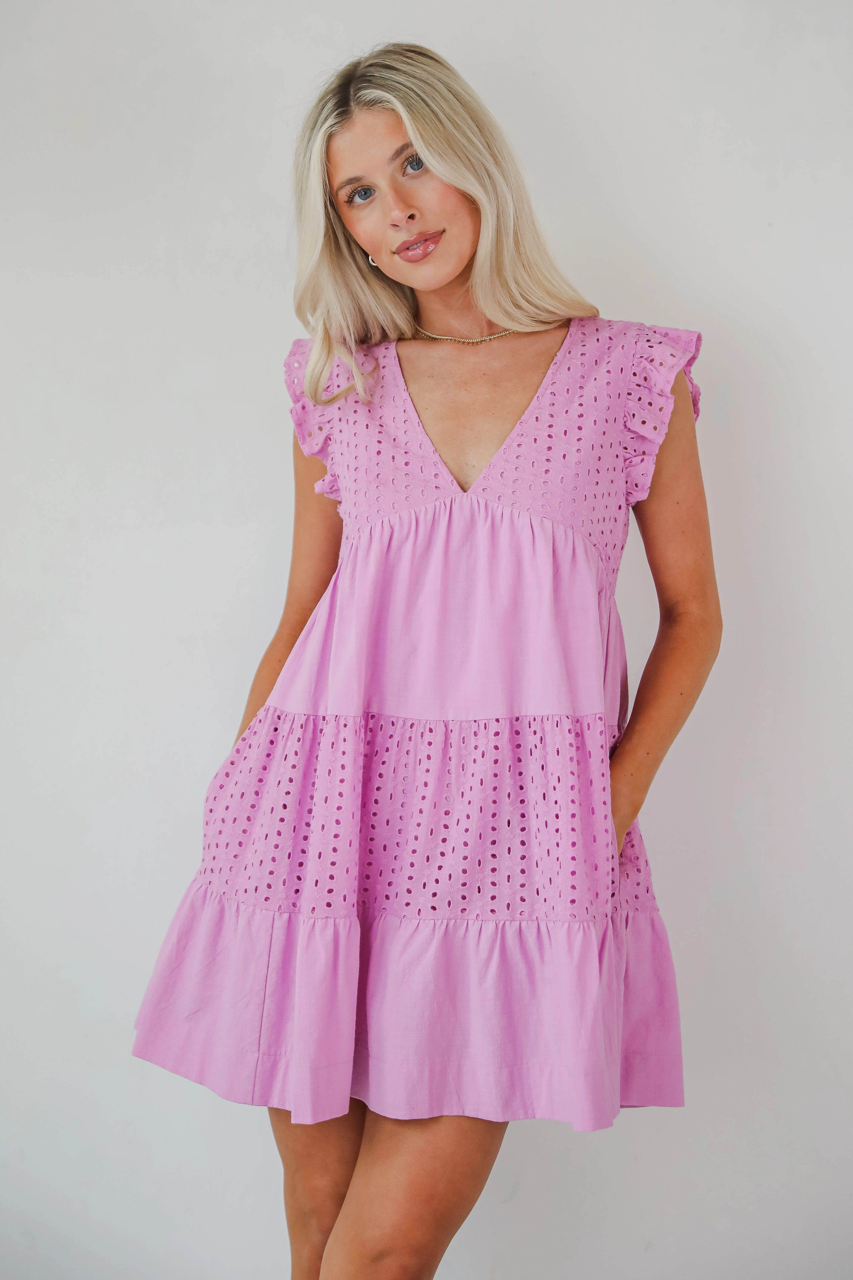 FINAL SALE - Adorable Tendencies Orchid Eyelet Romper Dress Chic Tailoring Waist