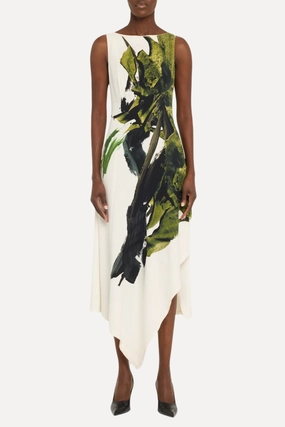 Daily Casual BOATNECK FIT AND FLARE CREPE DRESS WITH BRUSHSTROKE PRINT