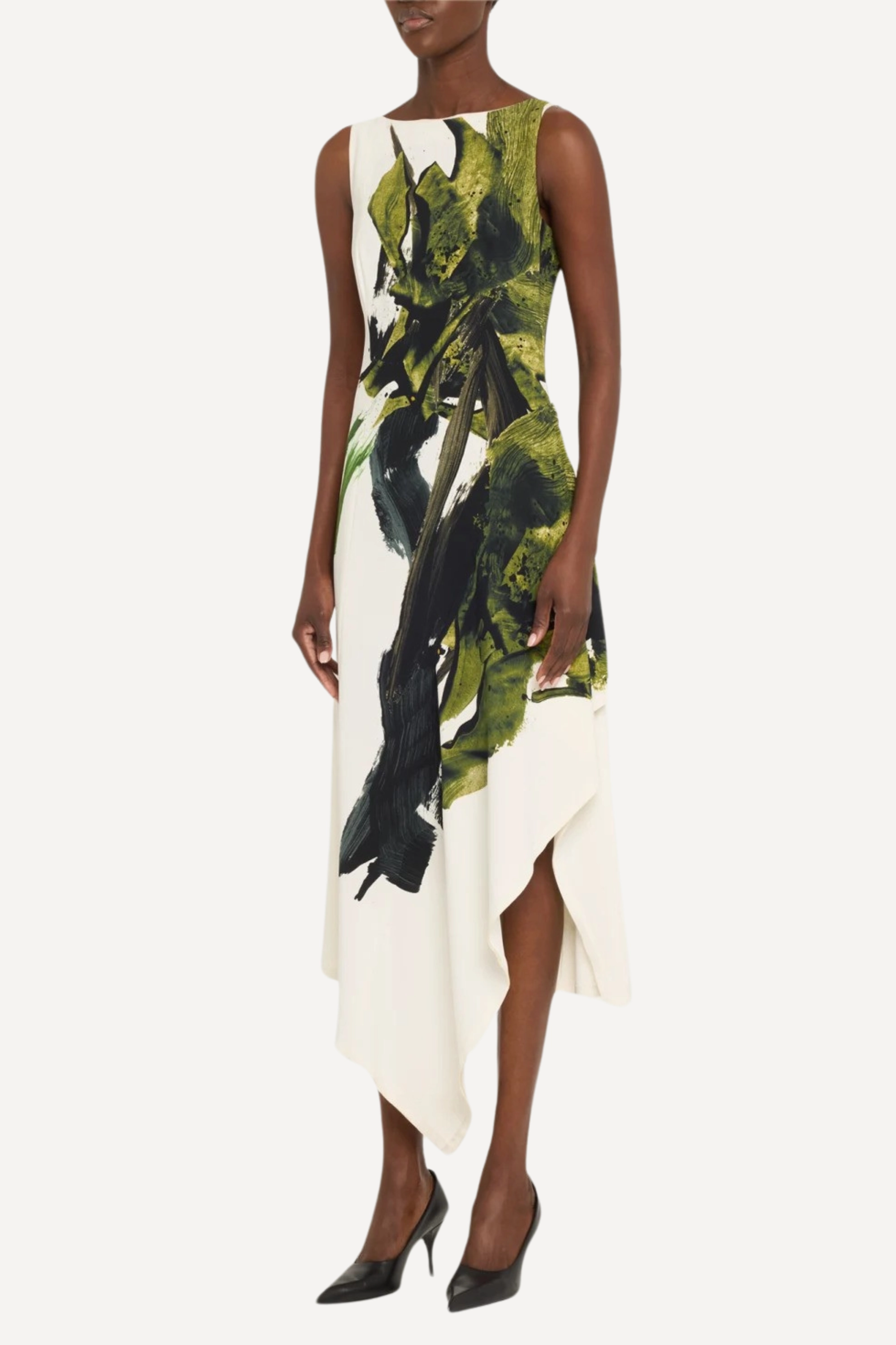 BOATNECK FIT AND FLARE CREPE DRESS WITH BRUSHSTROKE PRINT Work Vibes