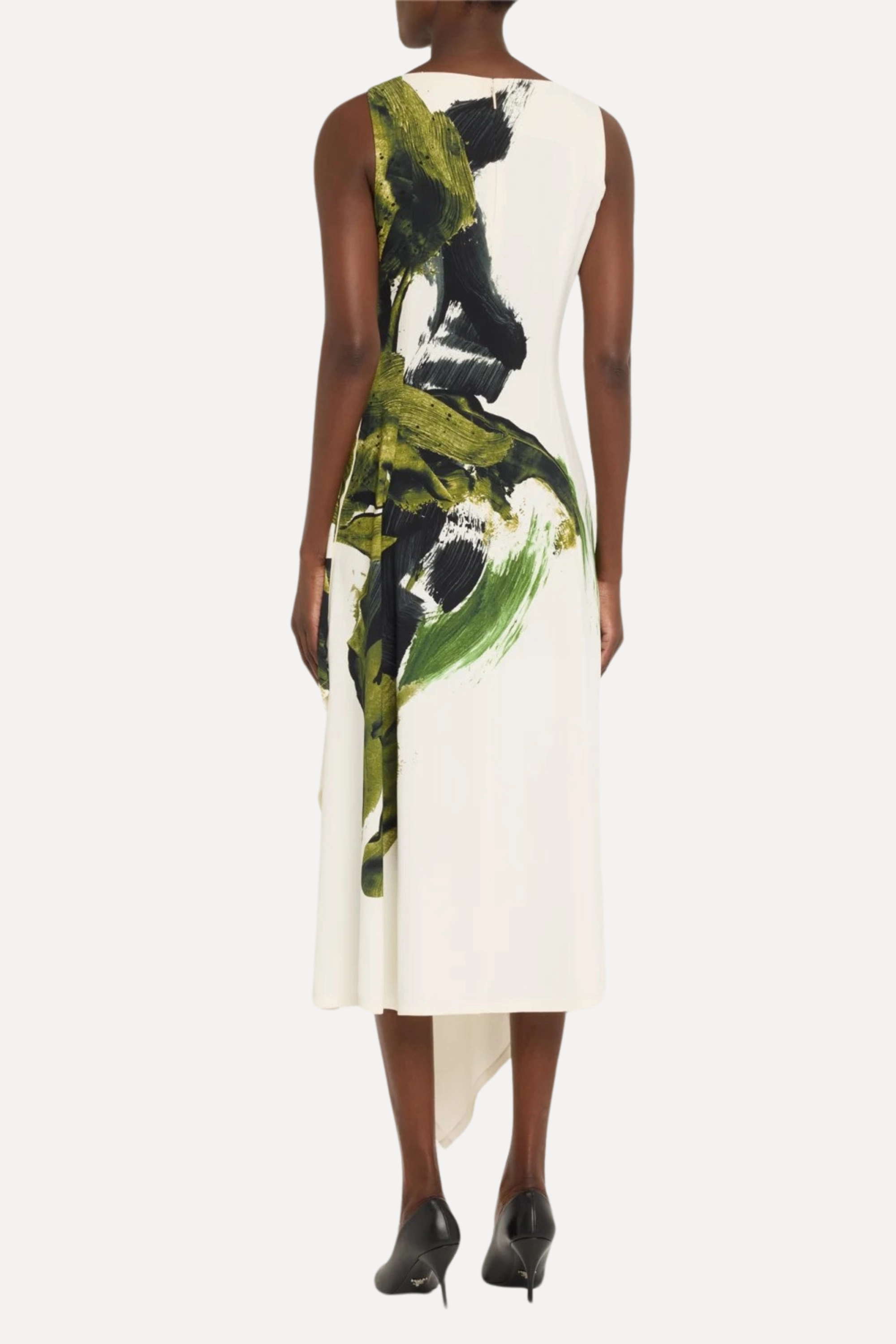 BOATNECK FIT AND FLARE CREPE DRESS WITH BRUSHSTROKE PRINT Winter Layering