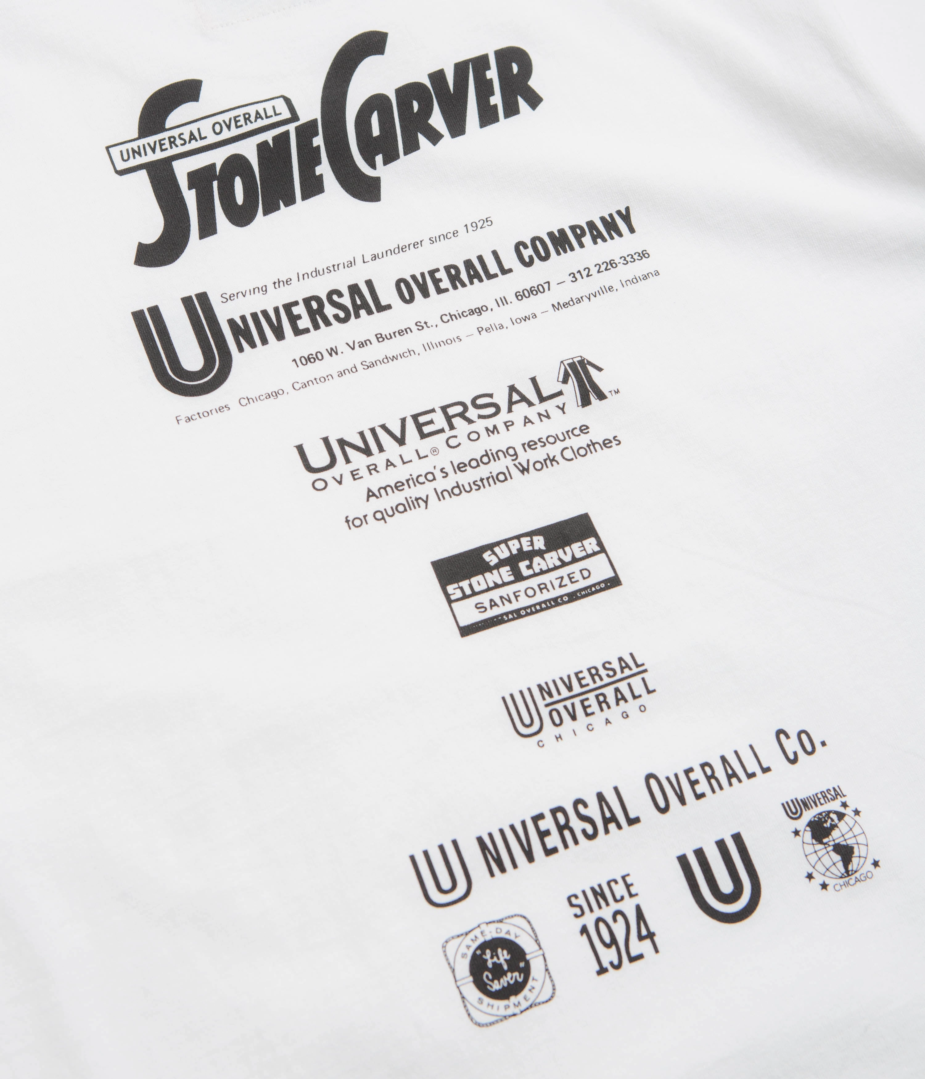 Universal Overall Historical Logo T-Shirt - White linen shirt bold hem