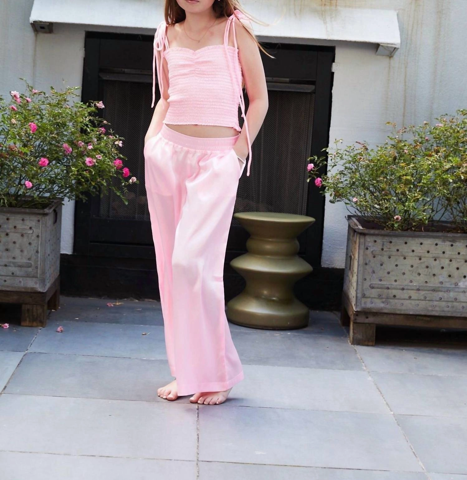 Contoured Panel Design Stretchable Comfort Paris Satin Wide Leg Pants In Light Pink