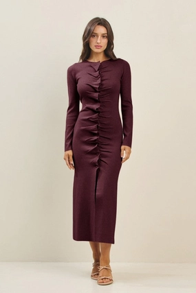 Adjustable-Straps Waitlist 11/1 ? Everly Long Sleeve Pleated Button Down Knit Midi Dress Burgundy