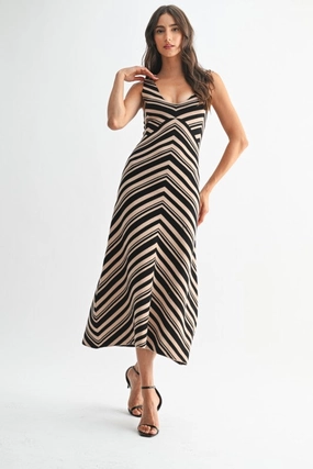 Waitlist 11/5 ? Sonia Sleeveless Back Cut Out Chevron Knit Maxi Dress Taupe Soft Cut