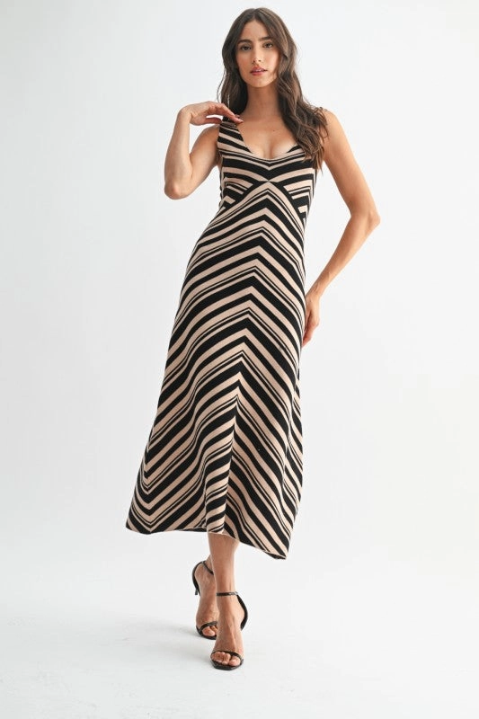 Waitlist 11/5 ? Sonia Sleeveless Back Cut Out Chevron Knit Maxi Dress Taupe V-Neck Back Detail