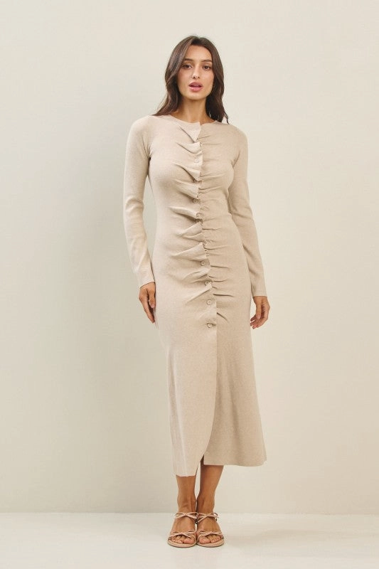 Waitlist 11/1 ? Everly Long Sleeve Pleated Button Down Knit Midi Dress Taupe New Mood