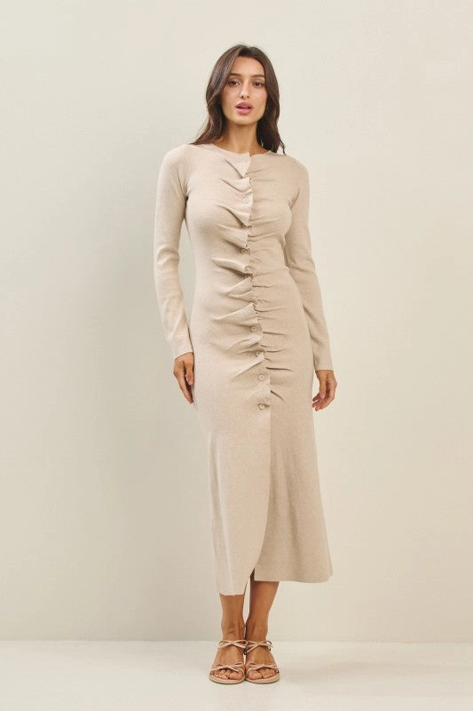 Waitlist 11/1 ? Everly Long Sleeve Pleated Button Down Knit Midi Dress Taupe Refined fit Breathable Comfort Wear
