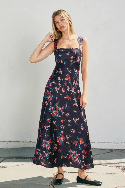 Waitlist 11/5 ? Meave Sleeveless Open Back Tie Floral Print Midi Dress Navy Flattering Design Wear Chilly Wear