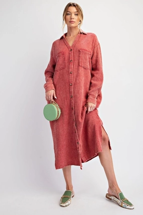 Washed Red Cotton Gauze Button Down Shirt Dress Padded-Bust