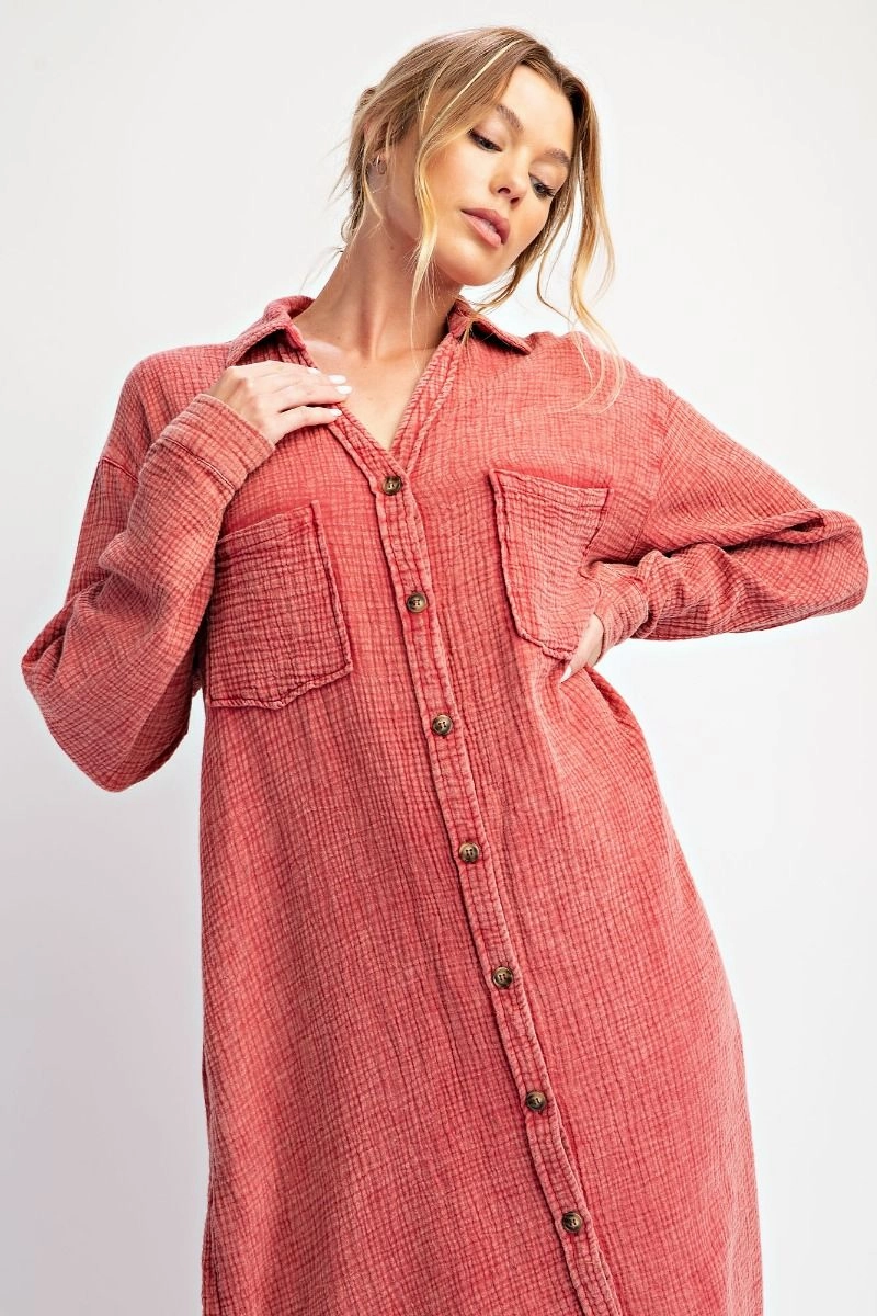 Washed Red Cotton Gauze Button Down Shirt Dress Lightweight-Layer Side Tie