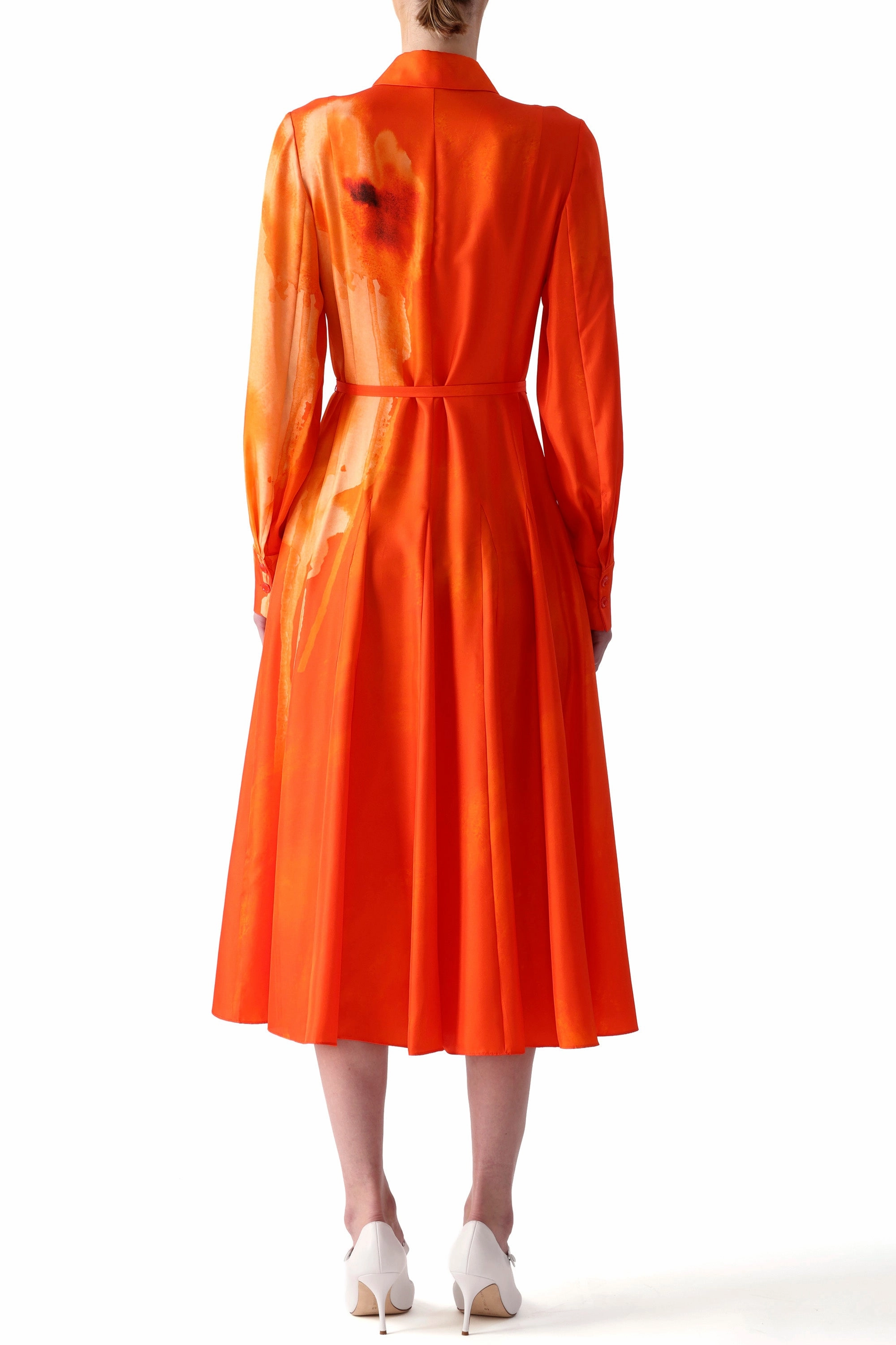 Smart Casual Ombre-Effect WATERCOLRO FLORAL PRINTED SILK SHIRTDRESS WITH GODET SKIRT