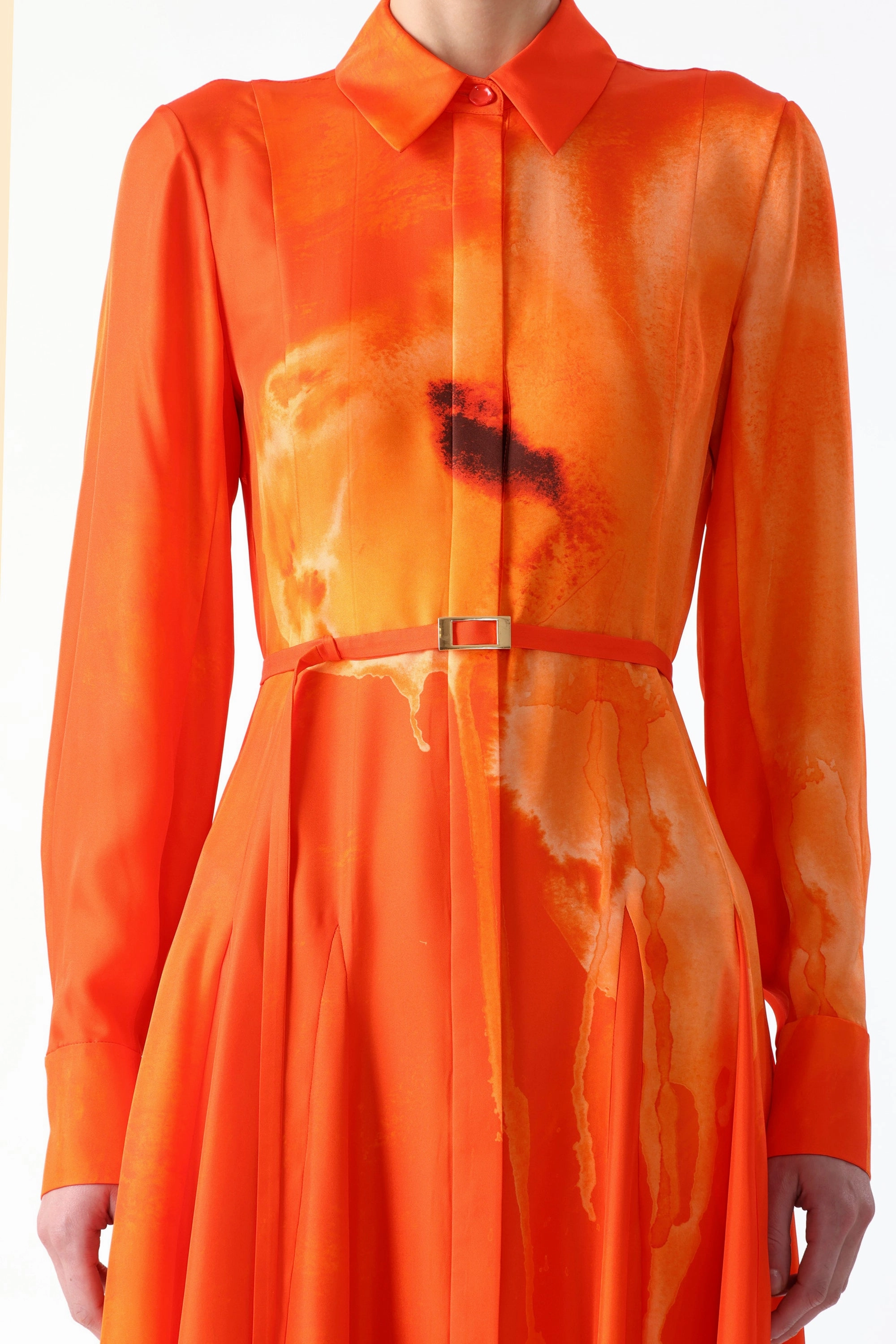 WATERCOLRO FLORAL PRINTED SILK SHIRTDRESS WITH GODET SKIRT Feminine Line