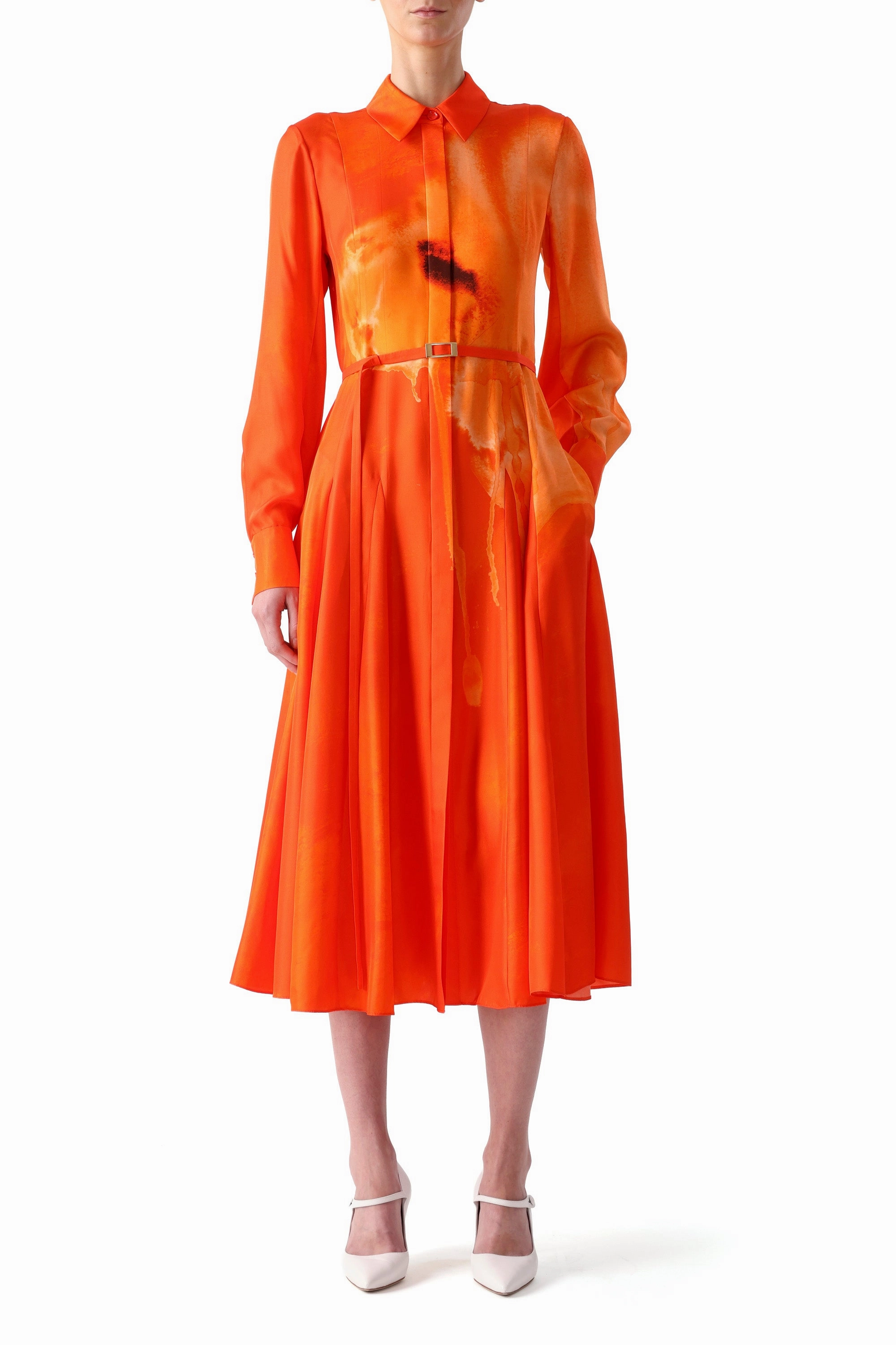 WATERCOLRO FLORAL PRINTED SILK SHIRTDRESS WITH GODET SKIRT Clear Blush