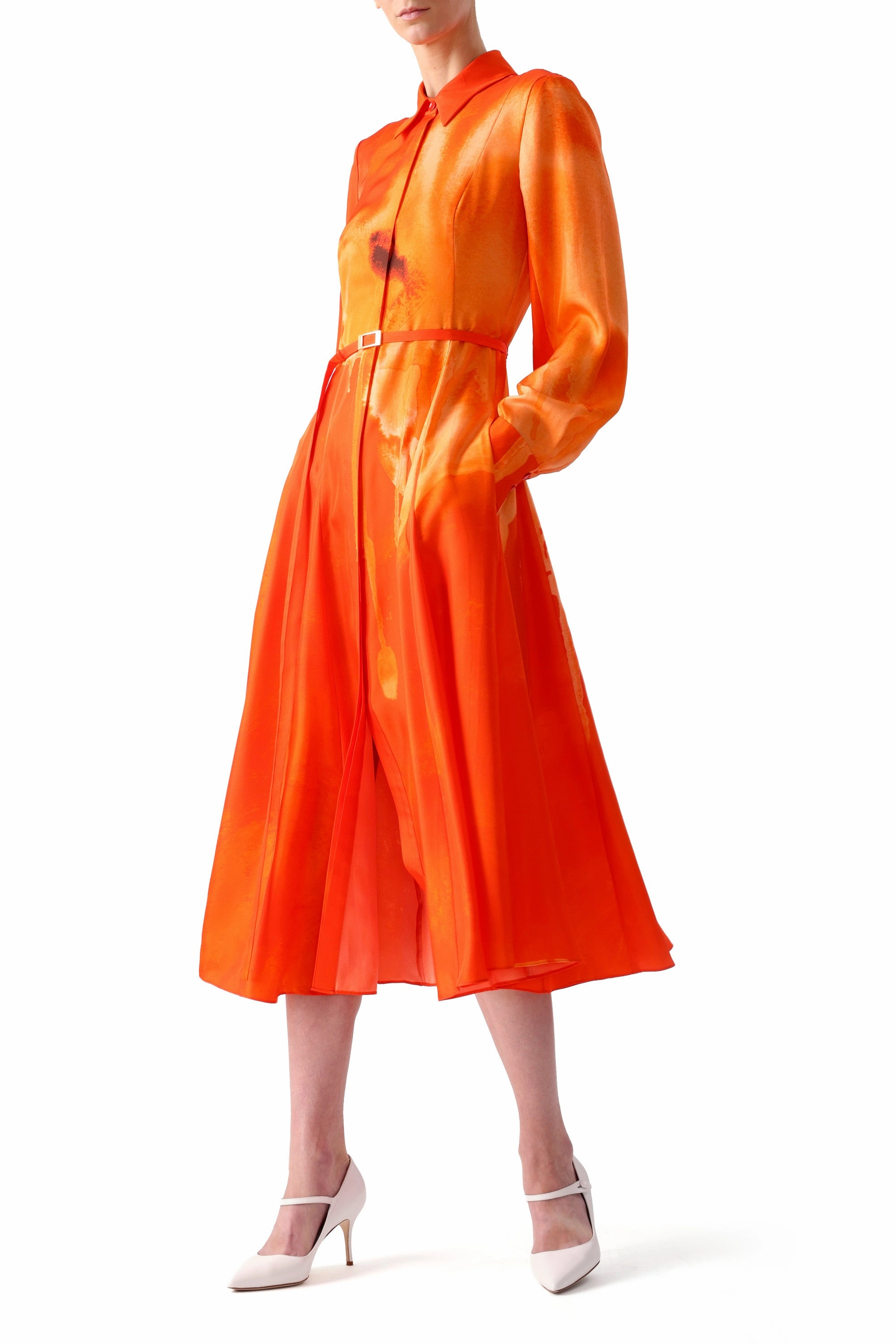 Natural Tones WATERCOLRO FLORAL PRINTED SILK SHIRTDRESS WITH GODET SKIRT