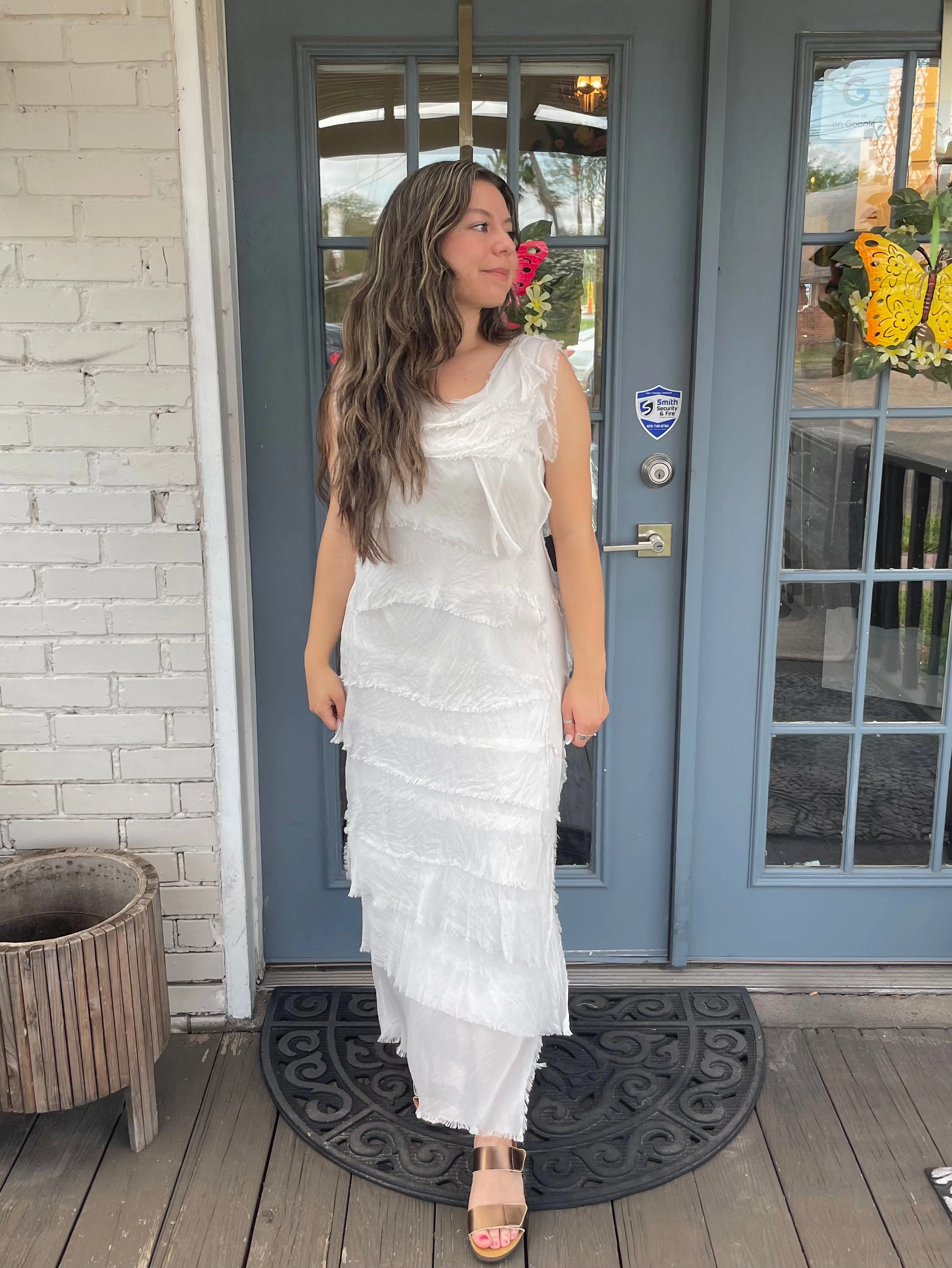 White Silk Ankle Length Ruffle Dress Everyday Piece