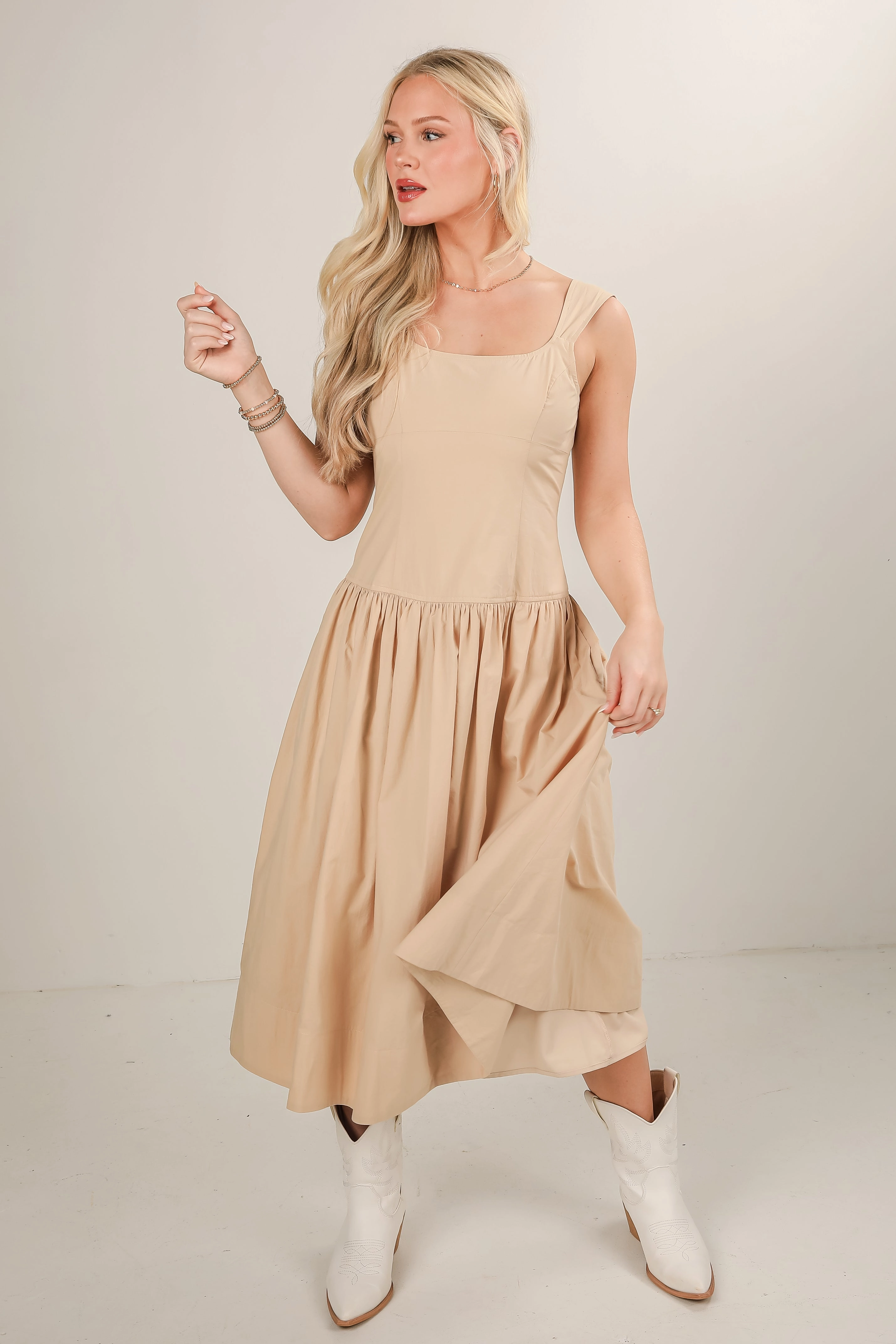 Delicate Finish FINAL SALE - Make Your Mark Taupe Midi Dress