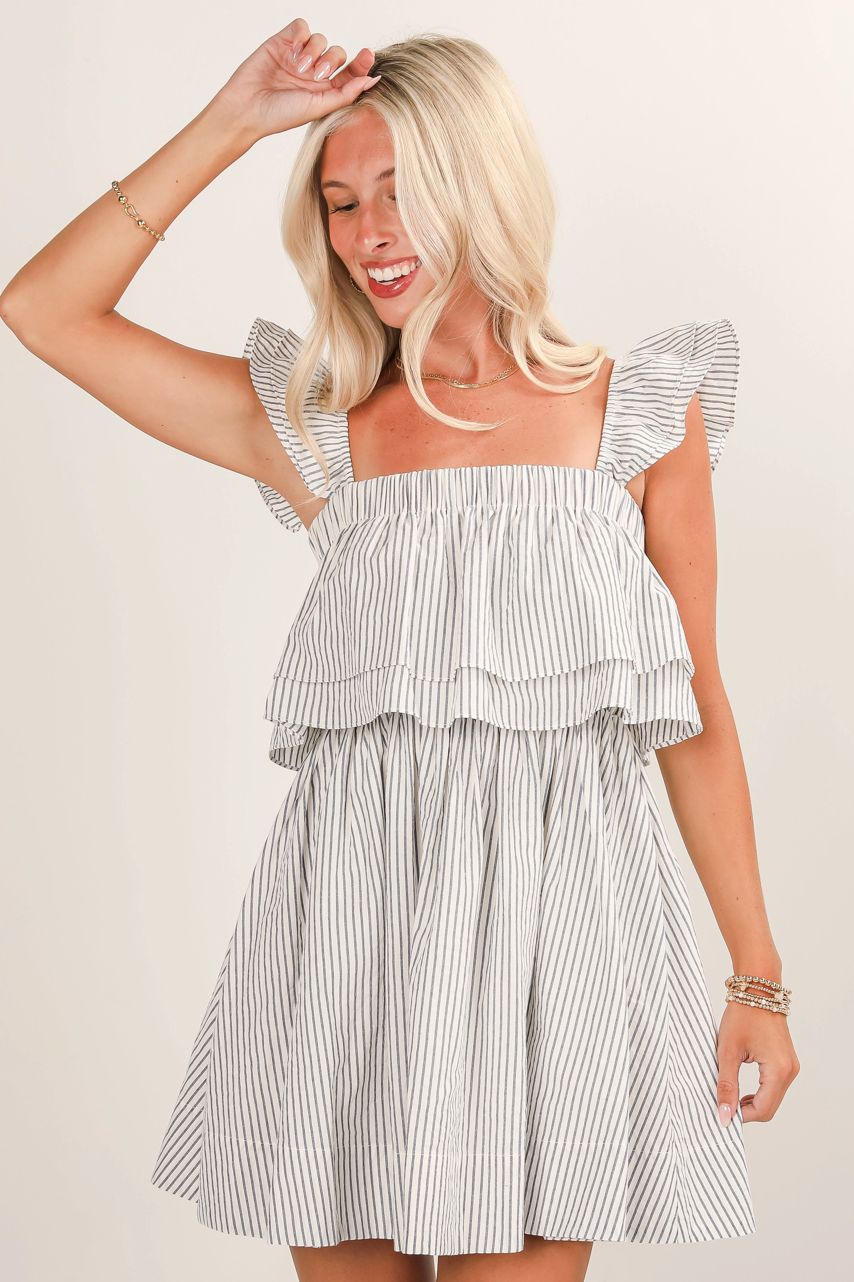 FINAL SALE - Full Of Love White Striped Ruffle Mini Dress Festive Mood
